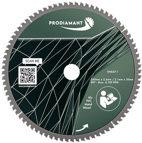 PRODIAMANT Multi Sägeblatt 260 x 30 mm Hartmetallsägeblatt für Holz, Alu, Kunstoff und Laminat mit HM TCT Zähnen für Tischsäge Kappsäge und Kreissäge