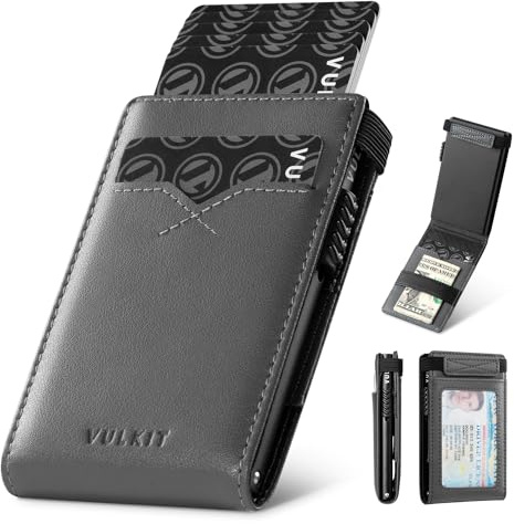 VULKIT Porta Carte di Credito Sottile Porta Carte pop-up con Blocco RFID Portafoglio Sottile Minimalista con Finestra ID Posteriore Può Contenere 8 Carte