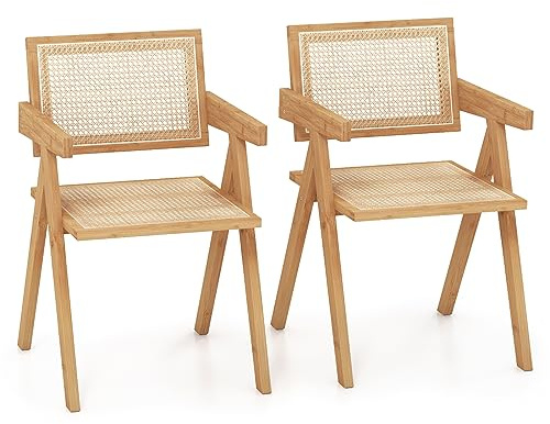 COSTWAY Chaises Salle à Manger, Chaise Cuisine Lot de 2 en Bambou, Dossier Siège en Rotin, Design Cannage, Style Vintage, Chaise de Salon pour Restaurant, Chambre