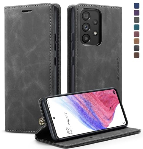 CaseMe für Samsung Galaxy A53 Hülle, Magnet Leder Klapphülle Stoßfest | Retro PU Leder, 2 Kartenfach, Standfunktion, Schutzhülle, Flip Case, Handyhülle für Galaxy A53 5G 6,5'', Grau
