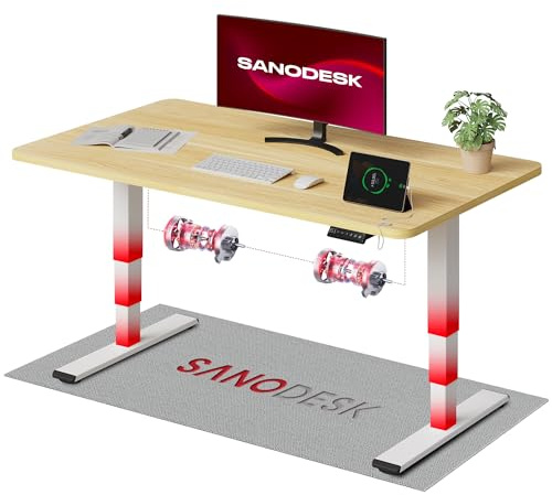 SANODESK Höhenverstellbarer Schreibtisch 120×80 cm, Dual-Motor Steh-Sitz Tisch mit 3-stufigen Beinen & USB, leises Premium-System mit Memory-Funktion und Kollisionsschutz (Weiß+Ahorn)