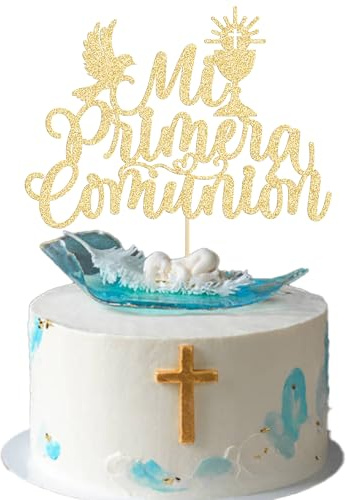 Gyufise 1 decoración para tartas Mi Primera Comunión, con purpurina, decoración para tartas de primera comunión, Dios bendiga a este niño, baby shower, boda, bautizo, fiesta, decoración dorada