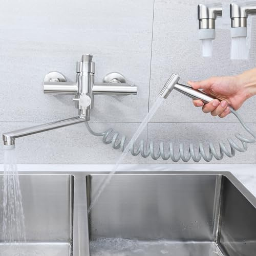 Küchenarmatur，Wasserhahn Küche Wandmontage, Wandarmatur Küche mit Spritzpistole, 360° Drehbare Wandmontage, Drehrohr 23cm,heiß und kalt, 4 Sprühbetriebe, 304 Funktionsmodi, gebürstetes Nickel