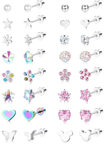 YADOCA 16 par allergivänliga flickörhängen för kvinnor barn 316L rostfritt stål CZ pärlboll hjärta blomma skruv platt rygg örhängen smycken gåva kvinnor flerfärgad, 19 cm, Zirkon, Zirkon