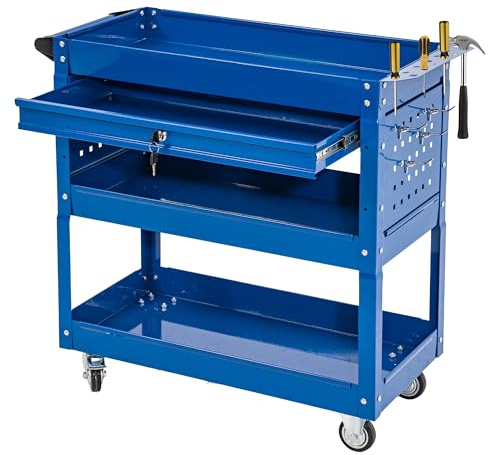 SUN & SUMMER 3-Tier Rolling Tool Cart with Wheels, Rolling Tool Chest 330 LBS Capacity Heavy Duty Utility Industrial Service Cart with Locking System Drawer for Garage, Warehouse, Repair Shop (Blue)