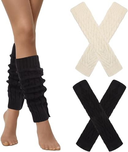 Risipu-2 Pairs Women's Knit Leg Warmers, Chunky Cable Knee High Boot Cuffs, Cozy Crochet Ankle Warmers for Winter, leg warmers for women and girls black and white