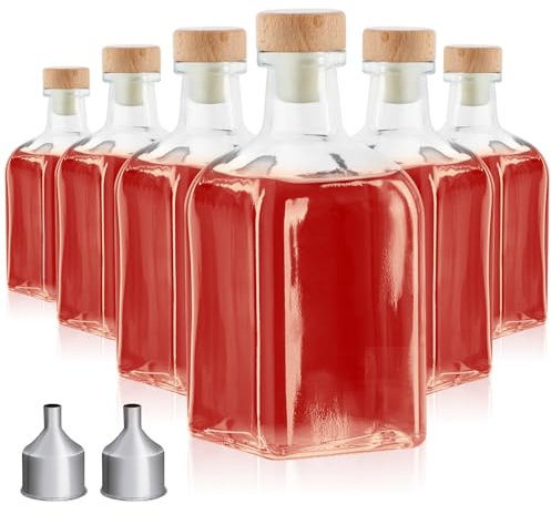 6 Bottiglie in Vetro da 250 ml con Tappo in Sughero - Contenitori Quadrati Ideali per Olio, Aceto e Liquori - Bottiglie Vuote per Riempimento di Liquidi Vari