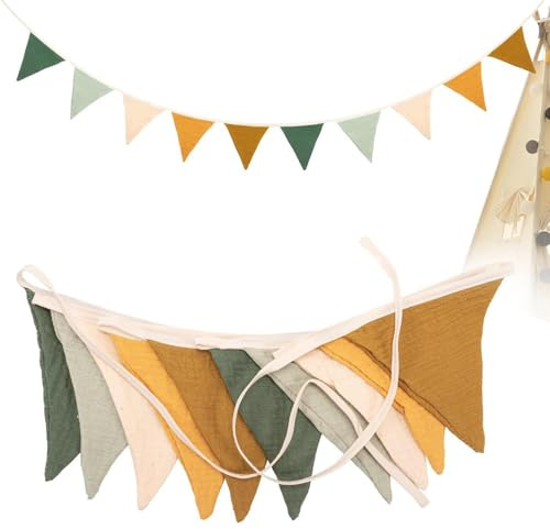 Fabric Bunting Banner,Triangle Baby Bunting for Nursery,Double Sided Colorful Cotton Bunting Garland for Vintage Themed Wedding Afternoon Tea Garden Party Nursery/Baby Shower Decor(Morandi GREEN)