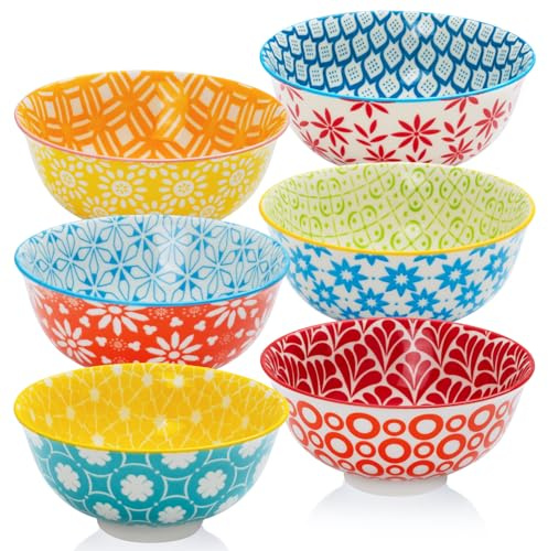 AntoKueh 660ml/23oz Multi-Color Large Ceramic Bowl Set of 6，15cm/6in Big Cereal Bowls for Salad, Soup, Pasta, Noodle, Dessert, Fruit, Reman, Sturdy for Dishwasher & Microwave