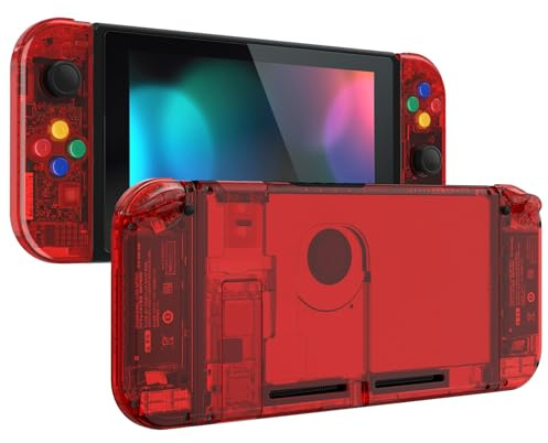 eXtremeRate DIY Replacement Shell Buttons for Nintendo Switch, Crystal Clear Red Custom Back Plate for Switch Console, Housing Case with Colorful Buttons for Joycon Handheld - No Controller