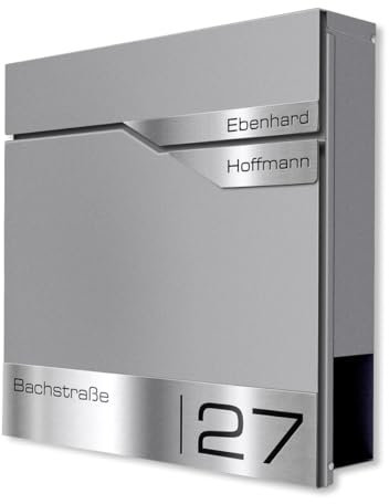 Metzler Cassetta delle lettere grigio 2 parti con scomparto per giornali e numero civico – Cassetta delle lettere da parete con due targhette personalizzate incisione laser – Cassetta postale