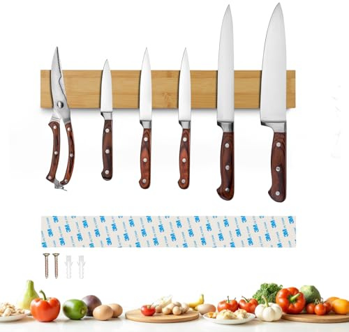 Sampoes Magnetleiste Messer 40cm, Messerhalter Magnetisch aus Bambus, Magnet Messerhalter Selbstklebend für Messer und Utensilien