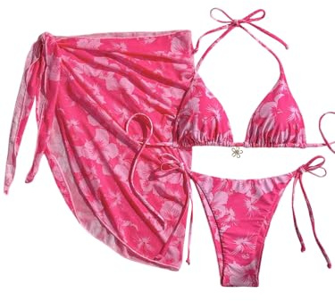 GORGLITTER Damen Triangel Bikini Mit Rock Damen Set 3 Teilig Neckholder Bikini Mit Blumen Muster Hawaii Badeanzug Sommer Bademode Swimsuit Strandmode Rosa L