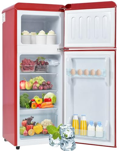 Refrigerador retro de dos puertas 92 litros congelador de 28 litros frigorífico-congelador combinado 116 kWh/año -27 °C ~13 °C iluminación LED mininevera para dormitorio color rojo