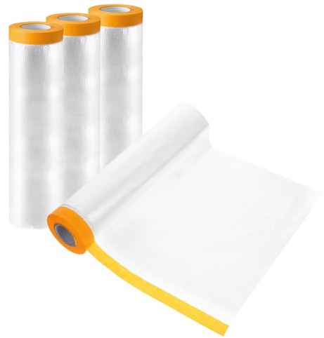 Woobroo 4 PCS Plastic Dust Sheet Roll, 2.4x20M Drop Film Masking Tape with Plastic Sheet, Transparent Pre-Taped Masking Film for Painting, Decorating, Furniture Covering
