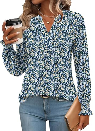 Rapbin Blus, dam, V-ringning, knappslå t-shirt, tunika, kortärmad topp, sommartoppar, elegant, avslappnad, Blå vita blommor långärmad, M