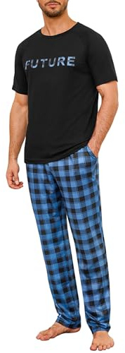 Marvmys Pijama Hombre Algodon Conjunto de Pijama Hombre Camiseta de Manga Corta con Cuello Redondo y Pantalones Largos de Cuadro con Bolsillos y Cordón