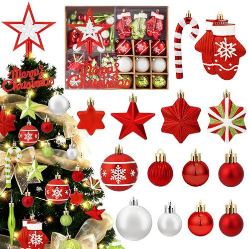 Charmofun Bolas de Navidad con Cadena de Luces LED, 70 Piezas Adornos Navidad Arbol, Adornos de Bolas Plásticas Infrangibles, Ornamentales Adornos Arbol Navidad Colgantes (Rojo, Verde y Blanco)