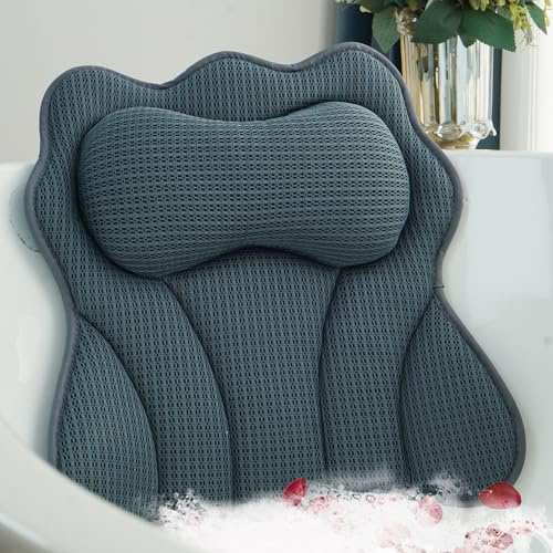 Joeyset Luxury Bath Pillow for Tub, Soft 5D Air Mesh Fabric for Comfort, Breathable & Quick-Drying Bathtub Cushion for Head, Neck, Back Support, Non-Slip Spa Pillow with Strong Suction Cups (Gray)