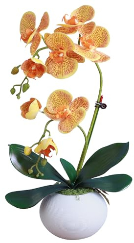 Forlaoers 17 Orange Artificial Orchids That Look Real with Pot Fake Orchid in Vase Artificial Flowers for Home Decor Indoor Office Table Centerpieces Bathroom Decoration