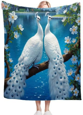 Gumntun Coperta in flanella doppia spessa 150 x 200 cm, motivo pavone bianco, morbida e soffice, per letto, divano da viaggio, leggera, termica, 150 x 200 cm, per adulti e ragazzi