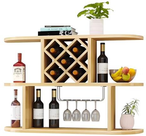 DUANHOZ Portabottiglie da Parete, mensole da Bar in Legno con portabicchieri, mensola Multifunzionale per Bottiglie di liquore, portabottiglie Rustico sospeso, per Soggiorno e cu