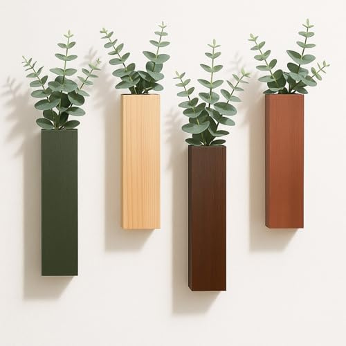 LemonRoad 4 Pcs Wood Wall Planter Set, Boho Wall Planter Vase Modern Farmhouse Art Decor Gift for Living Room Bedroom Bathroom Walnut Finish Plant Holder for Dried Flowers Faux Greenery Indoor Plants