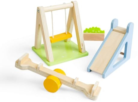 Bigjigs Toys Trädgårdsset | Utomhus dockhus möbler | miniatyr trägunga, skjutbräda och gungbräda för barn dockhus | 4 st tillbehörspaket för dockhus trädgårdar | gåvor för 3+ år gamla barn