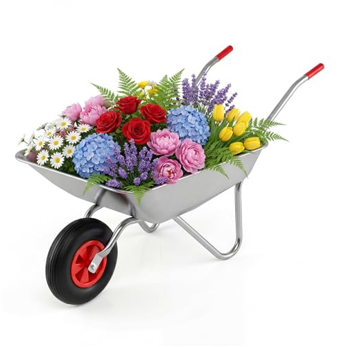 TANGZON 65L Garden Wheelbarrow, 100KG Capacity Heavy-Duty Utility Garden Cart with 2 Handlebars & Pneumatic Tire, Yard Lawn Easy Loading Metal Builders Landscaping Trolley Cart, Silver