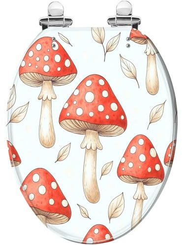 Dekorativer, Länglicher Wc-Sitz Aus Kunstharz, Roter Pilz, Handgezeichnetes, Nahtloses Doodle-Design, Leises Absenken, Schnellverschluss-Scharniere, Abdeckpuffer, Einfache Montage und Reinig