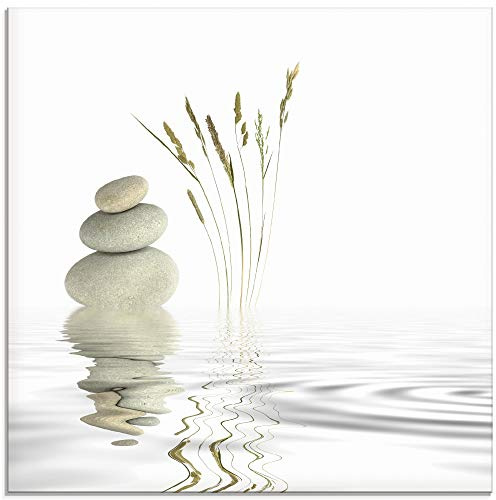 ARTland Wanddeko Glasbilder Wandbild Glas Bild einteilig Quadratisch Asien Wellness Entspannung Spa Zen Steine Gräser Reflektion T5VB