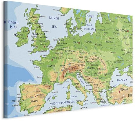 B&D XXL - Leinwandbild Weltkarte Karte Landkarte, 120x80 cm, 1-teilig | Hochwertige Leinwand, sofort aufhängbar, ideal fürs Wohn- oder Schlafzimmer, wasserfest und lichtecht, langlebig, stilvoll