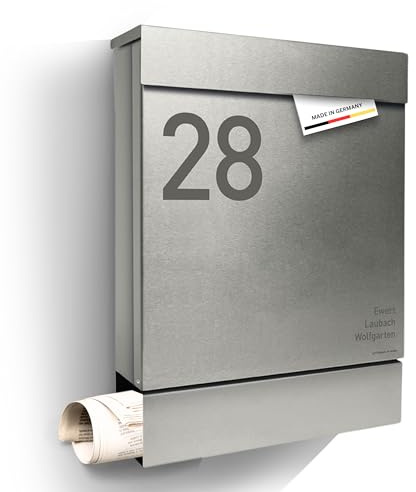 Radius Designer Briefkasten Edelstahl - Briefkasten mit Zeitungsfach für Zeitungsrolle - Postkasten Briefkästen inkl. Montagematerial aus DE – Letterman M Edelstahl
