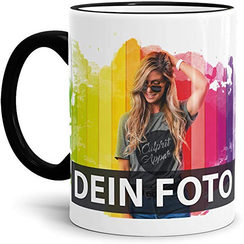 Tasse selbst individuell gestalten/Personalisierbar mit eigenem Foto bedrucken/Fototasse/Motivtasse/Werbetasse/Firmentasse mit Logo/Rand & Henkel Schwarz