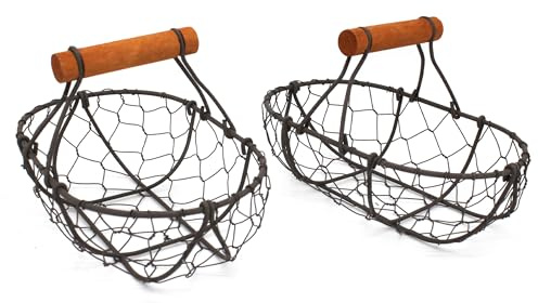 CVHOMEDECO. Chicken Wire Egg Baskets Rust Gathering Baskets with Wooden Handle Country Vintage Style Storage Baskets. Set of 2 (Oval)