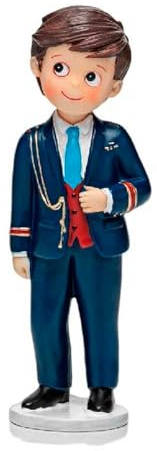 Figura para tarta de Comunión, niño con traje azul y galones dorados. Muñeco para pastel o recuerdo de una Primera Comunión de chico.