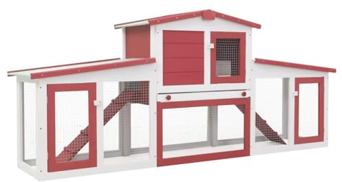 vidaXL Holz Großer Kaninchenstall Hasenstall Kaninchenkäfig Hasenkäfig Kleintierstall Hasenvilla Meerschweinchen Rot Weiß 201x45x85cm