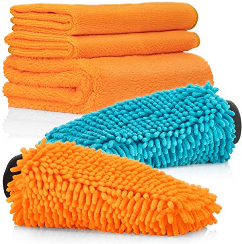 detailmate Auto Mikrofaser Set für die Fahrzeugpflege: 2X Chenille Waschhandschuh für die Autoreinigung, 1 hochflorigers Poliertuch 550 GSM, 2X Allround Auto Mikrofaser Mehrzweck Tuch 320 GSM