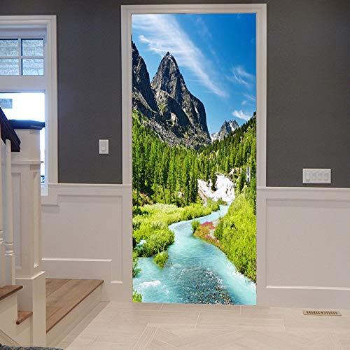 A.Monamour Türtapete Selbstklebend Türfolie Türposter 3D Sommer Grüne Wald Bäume Blaue Fluss Wasser Gebirgs Berg Landschaft Vinyl Folie Türdeko Tapete Wandbild Türaufkleber Türtattoo 90 x 200 cm
