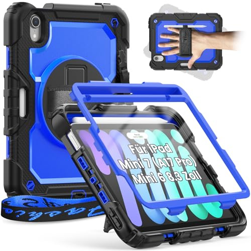Timecity Hülle für iPad mini 7 (A17 Pro) 2024/Mini 6 2021 8,3 Zoll | Stoßfest Robust Schutzhülle mit Displatschutz Stifthalter Handschlaufe Schultergurt 360-Grad-Drehbarer-Ständer-Dunkelblau