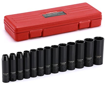 CASOMAN 13 Pieces 3/8-Inch Drive Impact Socket Set, 6-Point, Metric, Deep, CR-V, 7mm to 19mm, Heavy Duty Blow Molded Storage Case
