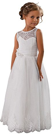 Aibaowedding Vintage Lang Kinder Tüllkleid Spitzenkleid mit Gürtel/Chic A-Linie Kommunionkleider Brautjungfern Kleider Blumenmädchenkleider für Mädchen 2-12 Jahr (Weiß,8)