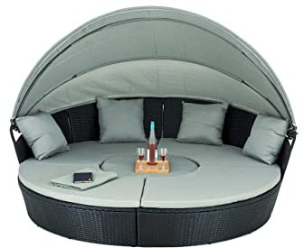 Enjoy Fit Poly Rattan Sonneninsel XL mit faltbarem Sonnendach Ø 210 cm inkl. Auflagen Kissen, Lounge Sonnenliege Gartenmuschel (Black XL)