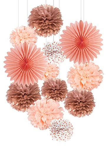 Roségold Deko 12pcs Pompons Rose Gold Seidenpapier Pompoms Geburtstagsdeko Papier Fächer Rosa Pom Poms Set für Party Mädchen