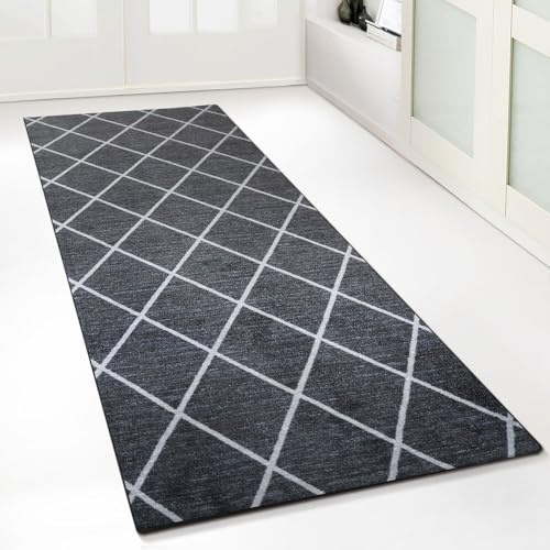 Floordirekt Teppichläufer mit Muster - maßgefertigter Feinschlingen Teppich Läufer für Küche, Flur & Wohnraum - Ornament Vintage Orient Gitter (80 x 300 cm, Cosenza Schwarz)