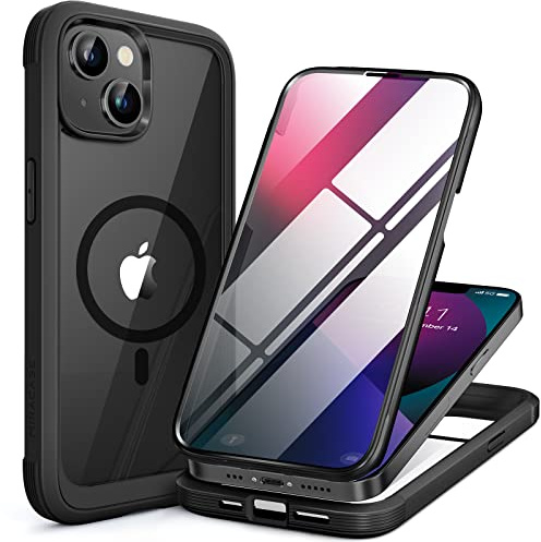 Miracase Compatible with iPhone 13 Case 6.1inch, [Built-in Glass Screen Protector] Full Body Rubber Bumper Clear Back Case Cover (Black Magnetic) | [Built-in 9H Tempered Glass Screen Protector] Compatible with MagSafe, Military Grade Drop Proof with Clear Back Cover