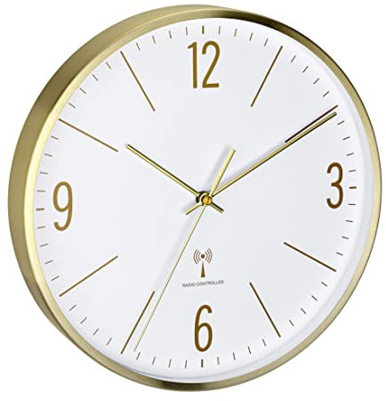 TFA Dostmann Analoge Funk-Wanduhr, 60.3534.55, 30cm, Goldener Metallrahmen, leises Uhrwerk, modernes Design, mit Glas-Abdeckung, Gold