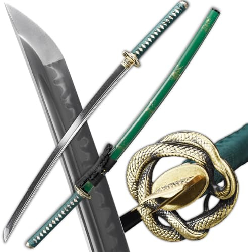 Shinken of Swords Katana Sword Clay Tempered T10 Steel Real Hamon Full Tang Handmade Samurai Sword Razor Sharp (Green-Snake Theme)
