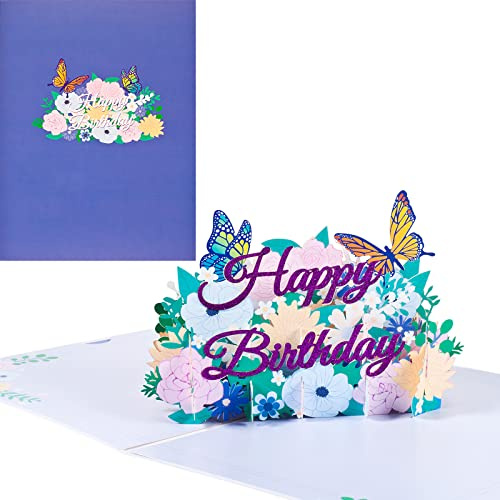 3D Geburtstagskarte,Pop Up Karte zur Volljährigkeit Geburtstagsparty,Lila Schmetterling und Blumen,Happy Birthday Grußkarten,Jubiläumskarte Klappkarte,mit Nachrichtenkarte und Umschlag