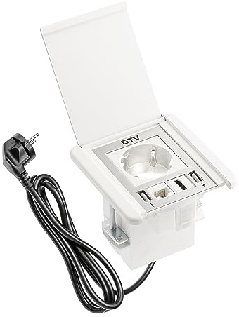 GTV - Möbelsteckdose FLIP, Einbausteckdose, 1x Schuko Steckdose, 2X USB A, 1x RJ45, 1x HDMI, Kabellänge 1,5m, Farbe Weiß, für Schreibtische, Tischplatte, Küchen und Büro